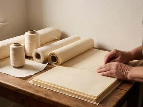Mains d'un artisan manipulant du papier et du fil de reliure sur une table en bois rustique, éclairage chaud et matériaux organisés.