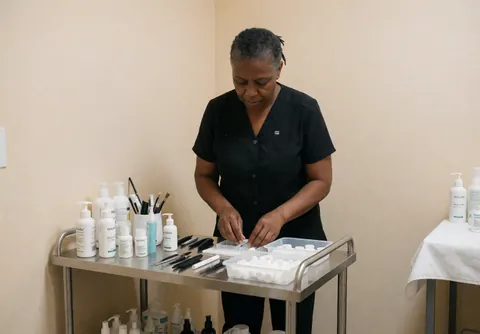 Une technicienne en esthétique organise des produits de soins sur un chariot en acier inoxydable dans une pièce lumineuse et propre, préparant les services.