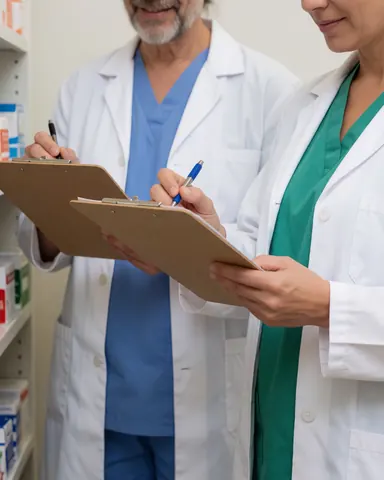 Deux pharmaciens en tenue blanche écrivant sur des porte-plans dans une pharmacie moderne bien éclairée avec des étagères de médicaments.