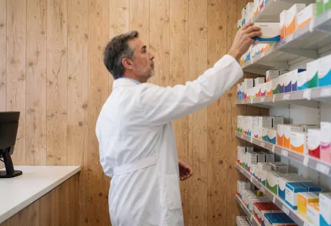 Un pharmacien examine un produit pharmaceutique sur une étagère en bois dans un environnement professionnel et propre.