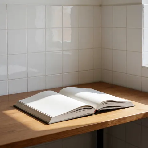 Un livre d'art ouvert posé sur une table en bois dans un loft éclairé par la lumière naturelle, avec des murs de carreaux blancs et une ambiance minimaliste.