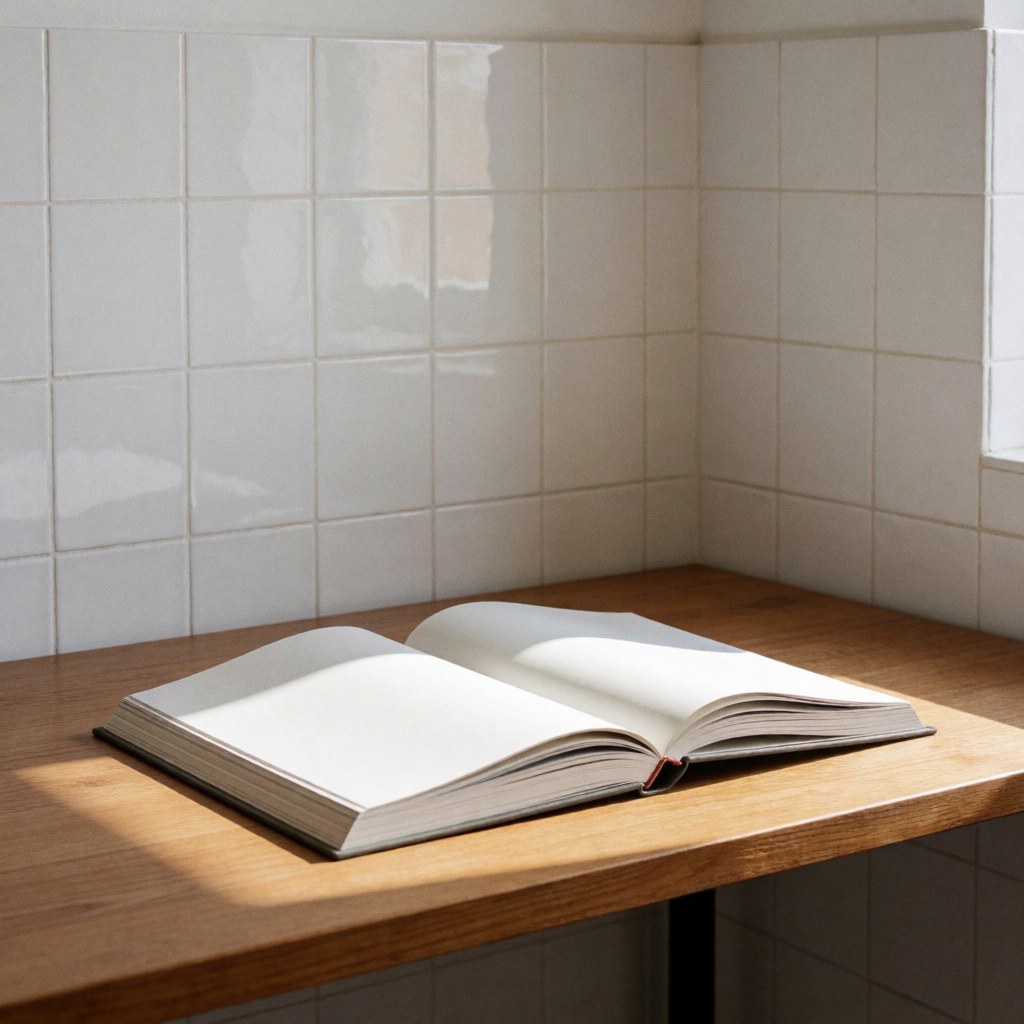 Un livre d'art ouvert posé sur une table en bois dans un loft éclairé par la lumière naturelle, avec des murs de carreaux blancs et une ambiance minimaliste.