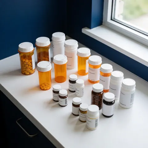 Plusieurs bouteilles de médicaments et de vitamines disposées sur un comptoir blanc dans une pharmacie, éclairées par la lumière naturelle d'une fenêtre avec un mur bleu foncé en arrière-plan.