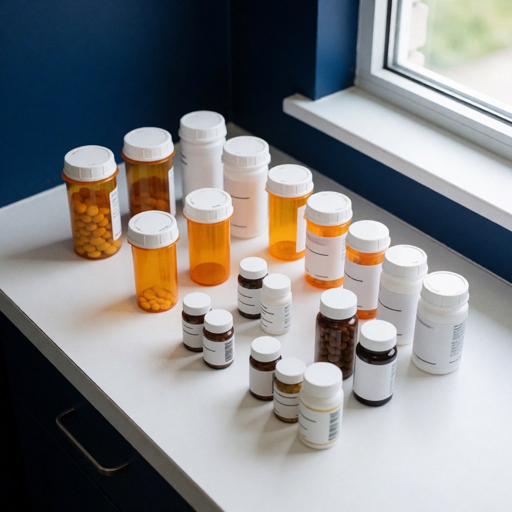 Plusieurs bouteilles de médicaments et de vitamines disposées sur un comptoir blanc dans une pharmacie, éclairées par la lumière naturelle d'une fenêtre avec un mur bleu foncé en arrière-plan.