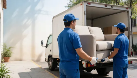 Des déménageurs professionnels manipulent des cartons et du mobilier pour un service de déménagement urbain.