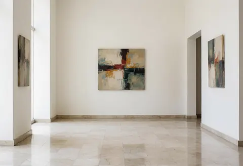 Réception vide d'un cabinet financier avec sol en marbre, murs blancs et art abstrait, éclairée par la lumière naturelle, évoquant luxe et confiance.