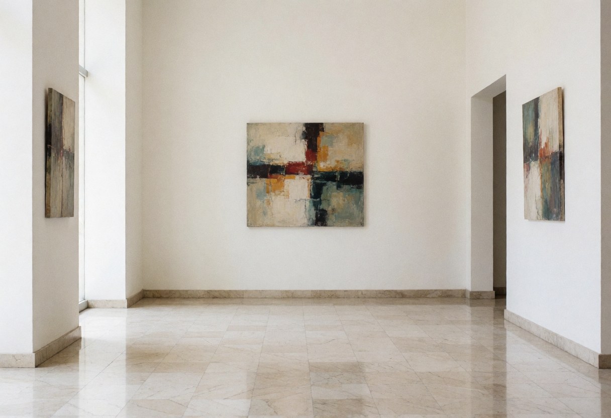 Réception vide d'un cabinet financier avec sol en marbre, murs blancs et art abstrait, éclairée par la lumière naturelle, évoquant luxe et confiance.