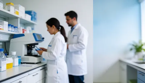 Deux techniciens travaillant avec du matériel médical sur un fond flou offrant un espace pour ajouter du texte.