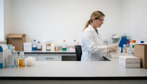 Un technicien en laboratoire clinique manipule des échantillons avec des gants et des lunettes dans un environnement professionnel propre, entouré de bancs et de bouteilles de réactifs.