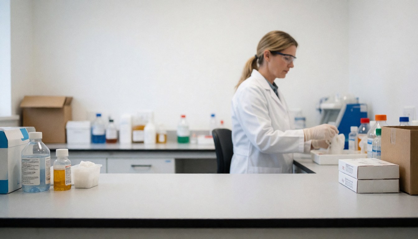 Un technicien en laboratoire clinique manipule des échantillons avec des gants et des lunettes dans un environnement professionnel propre, entouré de bancs et de bouteilles de réactifs.