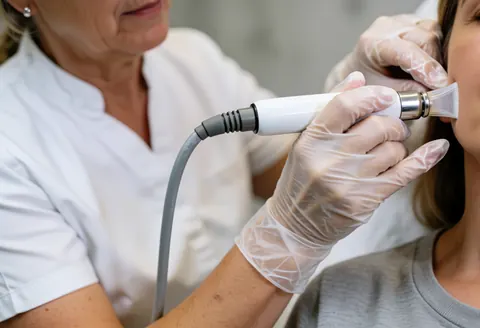 Une esthéticienne en gants applique un traitement hydrofacial sur le visage d'une cliente dans un salon professionnel, avec focus sur les mains et l'appareil.