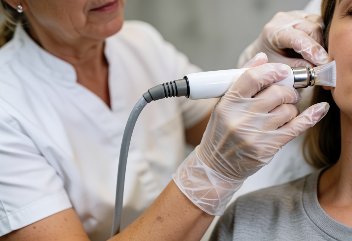 Une esthéticienne en gants applique un traitement hydrofacial sur le visage d'une cliente dans un salon professionnel, avec focus sur les mains et l'appareil.