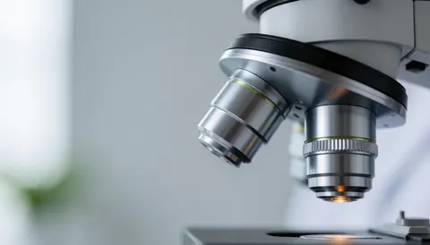Composition abstraite mettant en scène des microscopes sur un fond uni blanc ou gris, évoquant la précision scientifique et technologique.