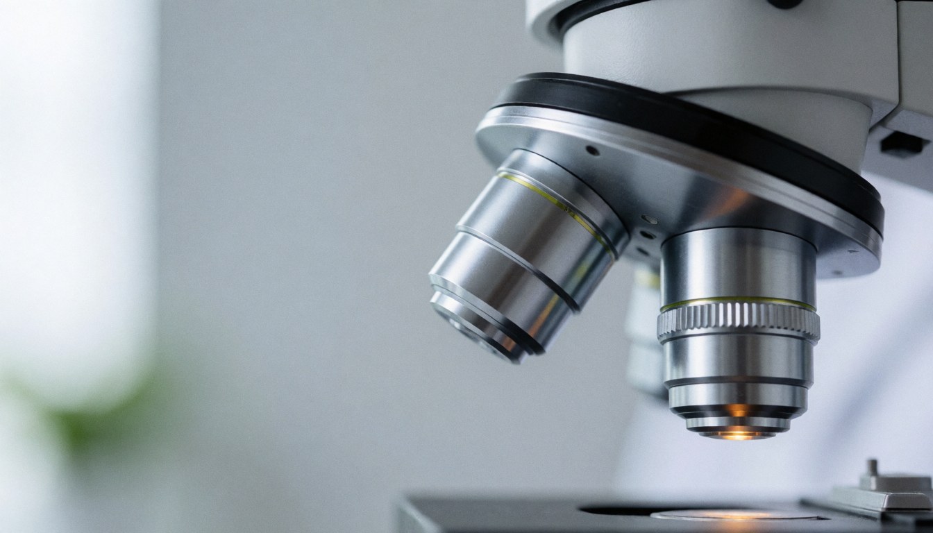Composition abstraite mettant en scène des microscopes sur un fond uni blanc ou gris, évoquant la précision scientifique et technologique.