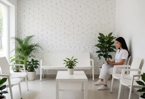 Salle d'attente clinique spacieuse et propre avec mur de briques blanches, mobilier blanc, plantes vertes et lumière naturelle. Une personne en uniforme blanc travaille sur un ordinateur portable.