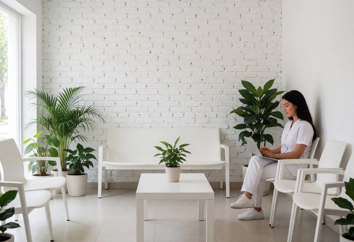 Salle d'attente clinique spacieuse et propre avec mur de briques blanches, mobilier blanc, plantes vertes et lumière naturelle. Une personne en uniforme blanc travaille sur un ordinateur portable.