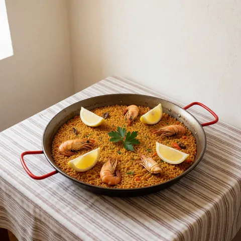 Une paella espagnole traditionnelle garnie de persil et d'une tranche de citron est présentée dans un plat, prête à être dégustée.