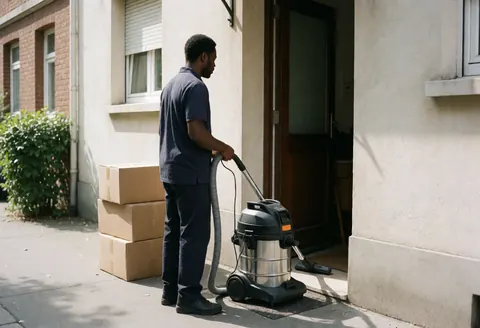Un agent d'entretien en uniforme utilise une aspiratrice pour nettoyer l'entrée extérieure d'une maison résidentielle par temps ensoleillé.