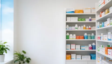 Arrière-plan blanc épuré d'une pharmacie avec des étagères contenant des médicaments, idéal pour ajouter du texte dans un contexte professionnel et stérile.