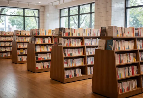 Intérieur d'une librairie déserte présentant des étagères en bois chargées de livres aux couleurs vives. La lumière naturelle traverse les fenêtres et éclaire le sol en bois poli.