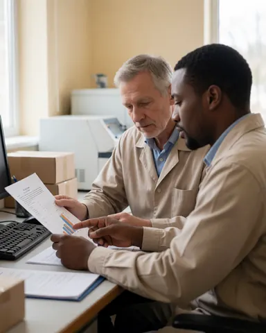 Deux professionnels analysent des documents et des données sur une table équipée d'outils de laboratoire dans un environnement clinique professionnel.