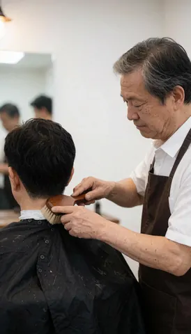 Un barbier professionnel utilise une brosse en bois pour brosser la nuque d'un client dans un salon moderne et lumineux.