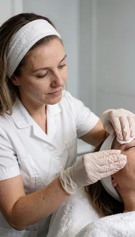 Une esthéticienne effectue un nettoyage de visage sur une cliente avant le début du traitement cosmétique.