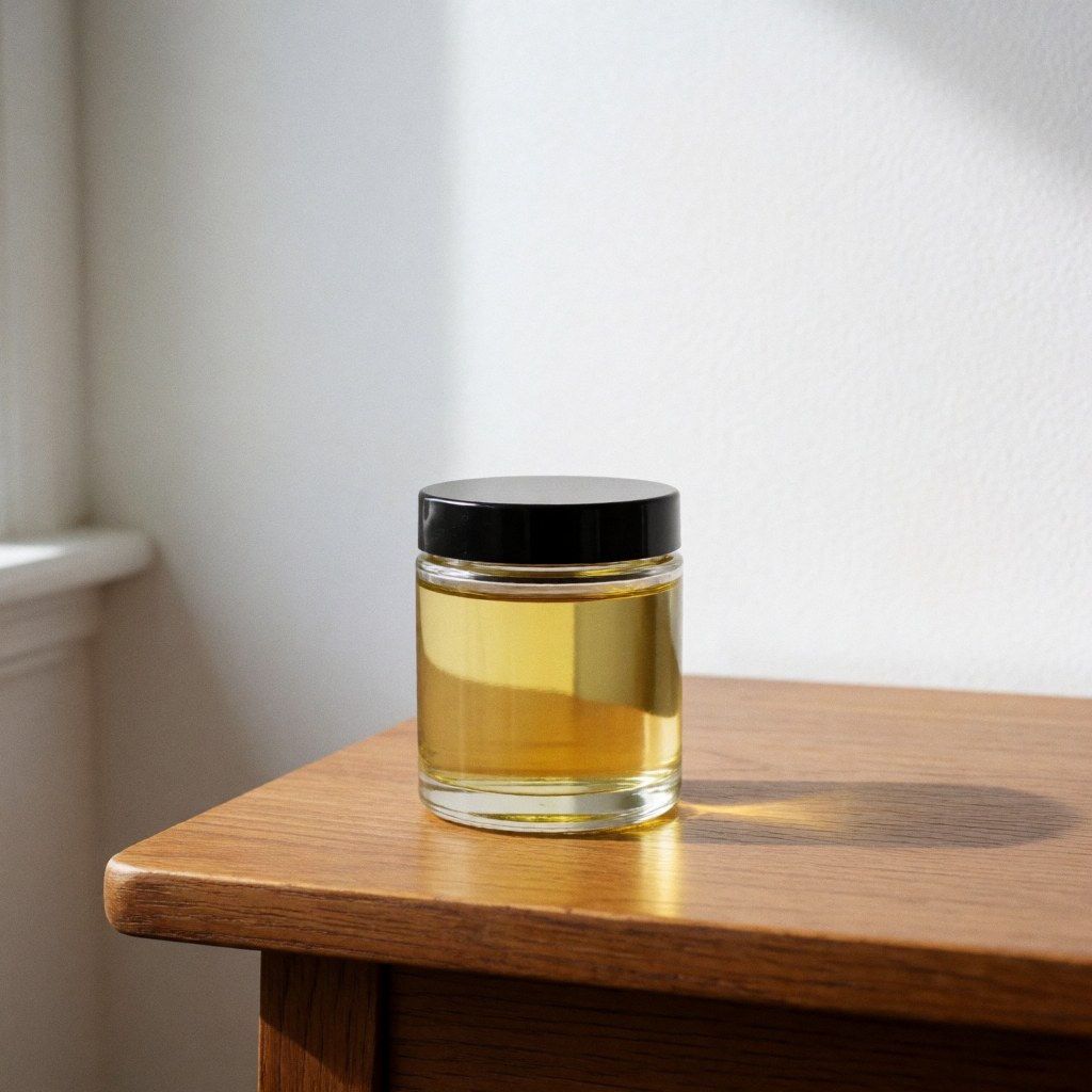 Bouteille d'huile pour la barbe posée sur une surface en bois avec un éclairage naturel et une composition épurée.