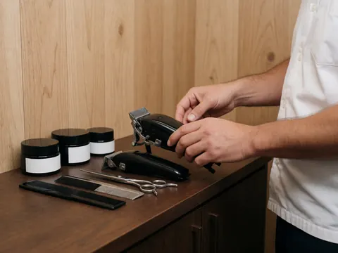 Un barbier ajuste une tondeuse sur un comptoir en bois, entouré de ciseaux, d'un peigne et de pomades. Arrière-plan en panneaux naturels.