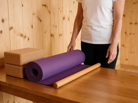 Des blocs de liège, un tapis violet et une planche en bois disposés sur une table en bois dans un intérieur chaleureux aux murs en bois.