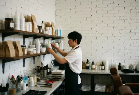 Un barbier range des articles sur une étagère en bois dans un salon avec murs de briques blanches, lumière naturelle et équipements visibles.
