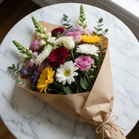 Un bouquet composé de roses, gerberas et marguerites posé sur une table en marbre blanc éclairée par une lumière naturelle douce.