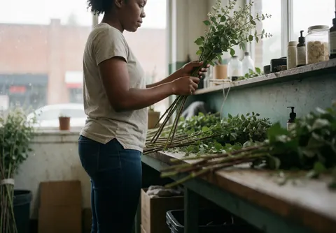 Une floriste professionnelle ajuste des tiges de fleurs dans son atelier avec une lumière naturelle et un fond flou, montrant son travail minutieux.