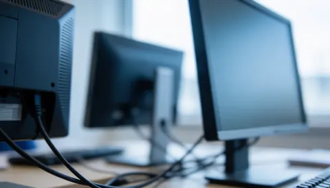 Arrière-plan flou montrant des écrans d'ordinateur et des câbles dans un environnement de bureau technologique moderne pour le support IT.