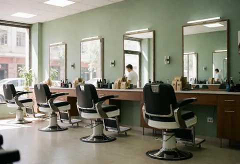 Intérieur d'une barberie moderne équipée de chaises de barbier, de grands miroirs et de murs verts. L'espace est propre, bien éclairé et offre une ambiance professionnelle idéale pour les coupes de cheveux.