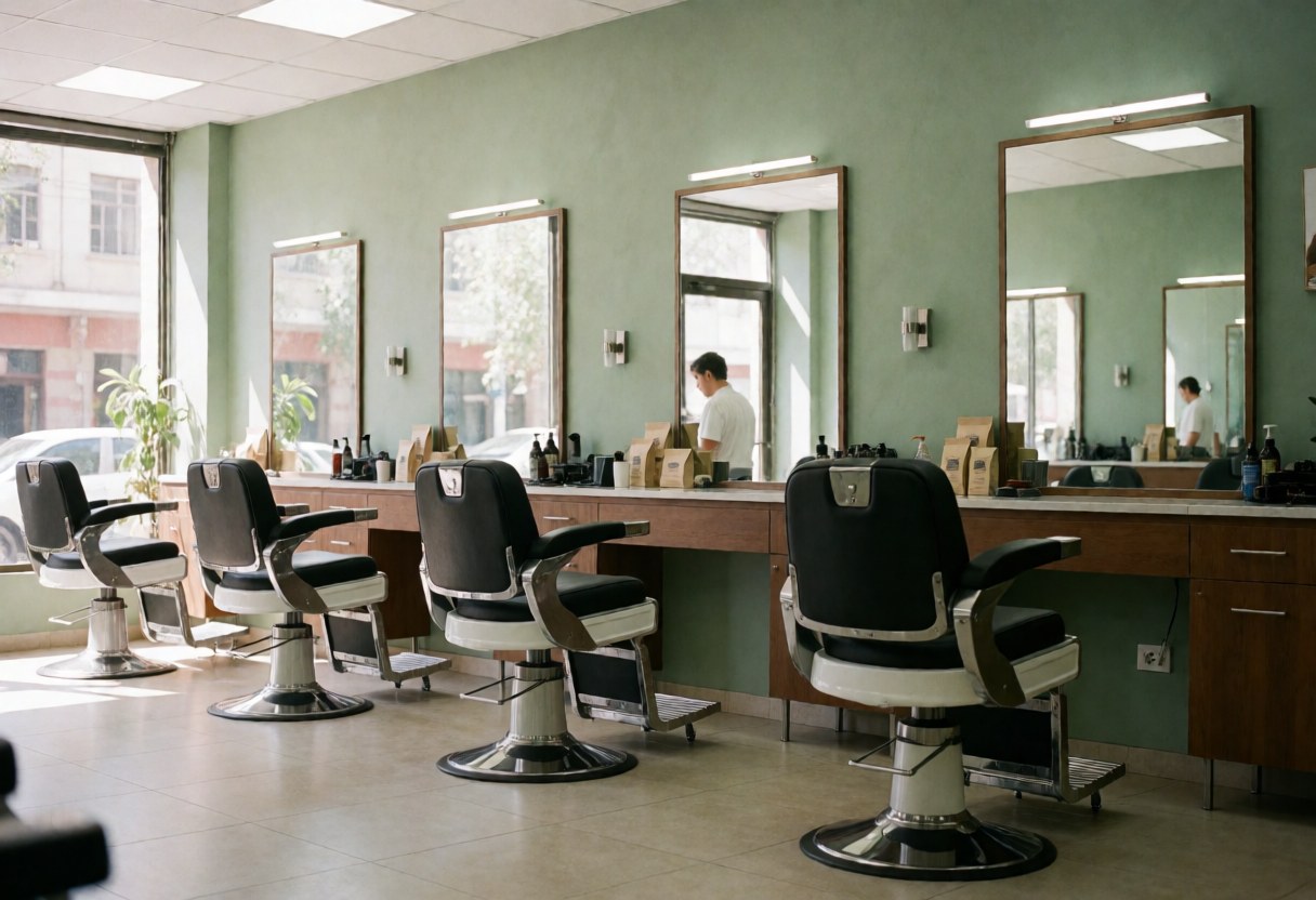 Intérieur d'une barberie moderne équipée de chaises de barbier, de grands miroirs et de murs verts. L'espace est propre, bien éclairé et offre une ambiance professionnelle idéale pour les coupes de cheveux.