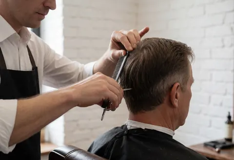 Un barbier coupe les cheveux d'un client à l'aide de ciseaux et d'un peigne dans un salon au mur de briques blanches, ambiance professionnelle.