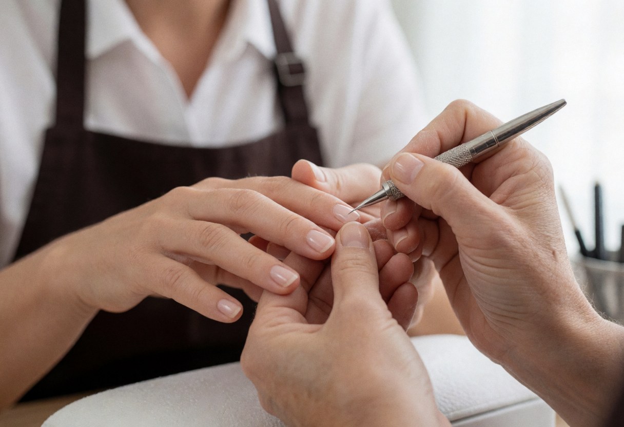 Premier plan des mains d'une cliente pendant qu'une manuciste professionnelle applique un soin avec un outil, sur fond flou et éclairage doux.