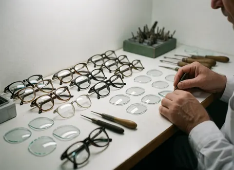 Vue rapprochée de matériaux optiques disposés sur une surface blanche, incluant des montures, des verres et des outils de précision pour la fabrication.