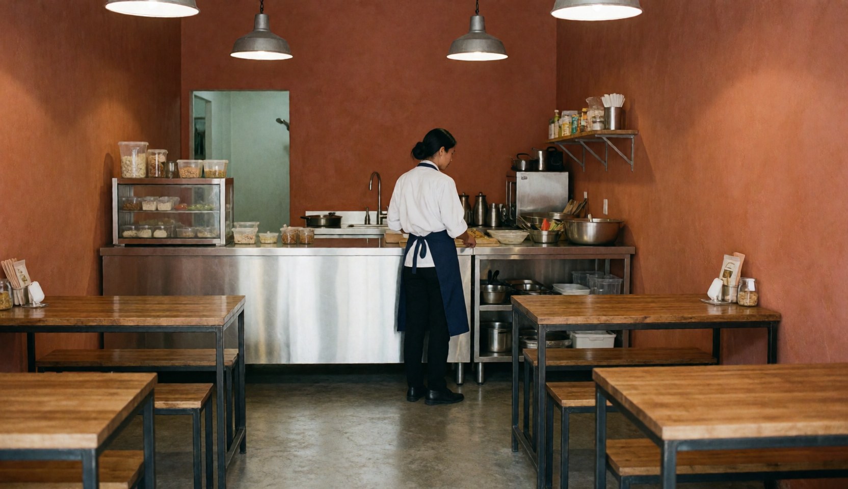 Large vue d'ensemble de la salle a manger avec tables chaises eclairage suspendu murs couleur terre cuite et equipement de cuisine professionnel.