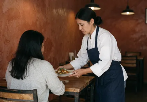 Une cuisinière sert un plat à un client assis à une table en bois dans un restaurant aux murs de terre cuite et aux suspensions lumineuses.