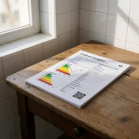 Vue rapprochée d'un document technique d'audit énergétique avec tableau, graphique et code QR sur une surface de travail.