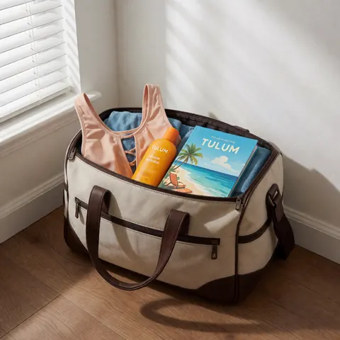 Sac de voyage contenant un guide touristique, un maillot de bain et un tube de protection solaire posés sur un sol en bois devant un mur blanc éclairé par la lumière naturelle.