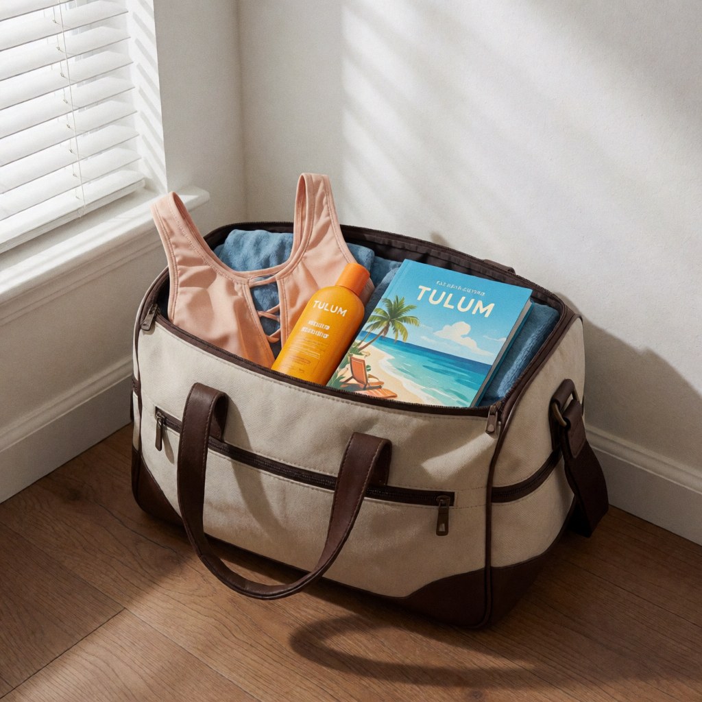 Sac de voyage contenant un guide touristique, un maillot de bain et un tube de protection solaire posés sur un sol en bois devant un mur blanc éclairé par la lumière naturelle.