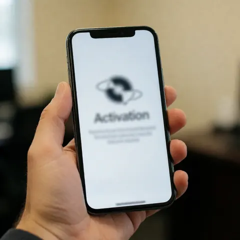 Une main tient un téléphone portable affichant un écran d'activation flou dans un bureau beige, idéal pour promouvoir des cours en ligne et des services numériques.