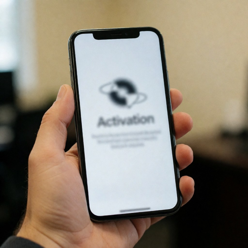 Une main tient un téléphone portable affichant un écran d'activation flou dans un bureau beige, idéal pour promouvoir des cours en ligne et des services numériques.