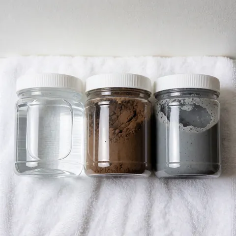 Trois flacons contenant des échantillons de terrain : eau claire, sol brun et boue grise, posés sur une serviette blanche pour usage en laboratoire ou sur le site.