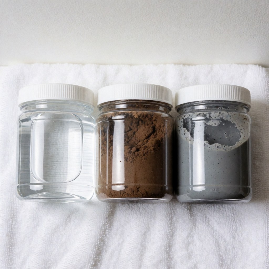 Trois flacons contenant des échantillons de terrain : eau claire, sol brun et boue grise, posés sur une serviette blanche pour usage en laboratoire ou sur le site.