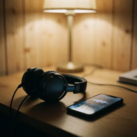 Un casque audio noir repose sur un bureau en bois clair à côté d'un smartphone affichant une application, baigné d'une lumière chaude et tamisée.