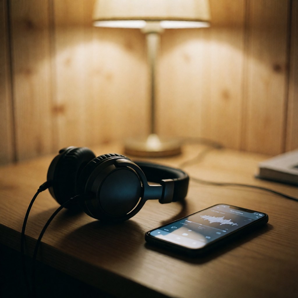 Un casque audio noir repose sur un bureau en bois clair à côté d'un smartphone affichant une application, baigné d'une lumière chaude et tamisée.